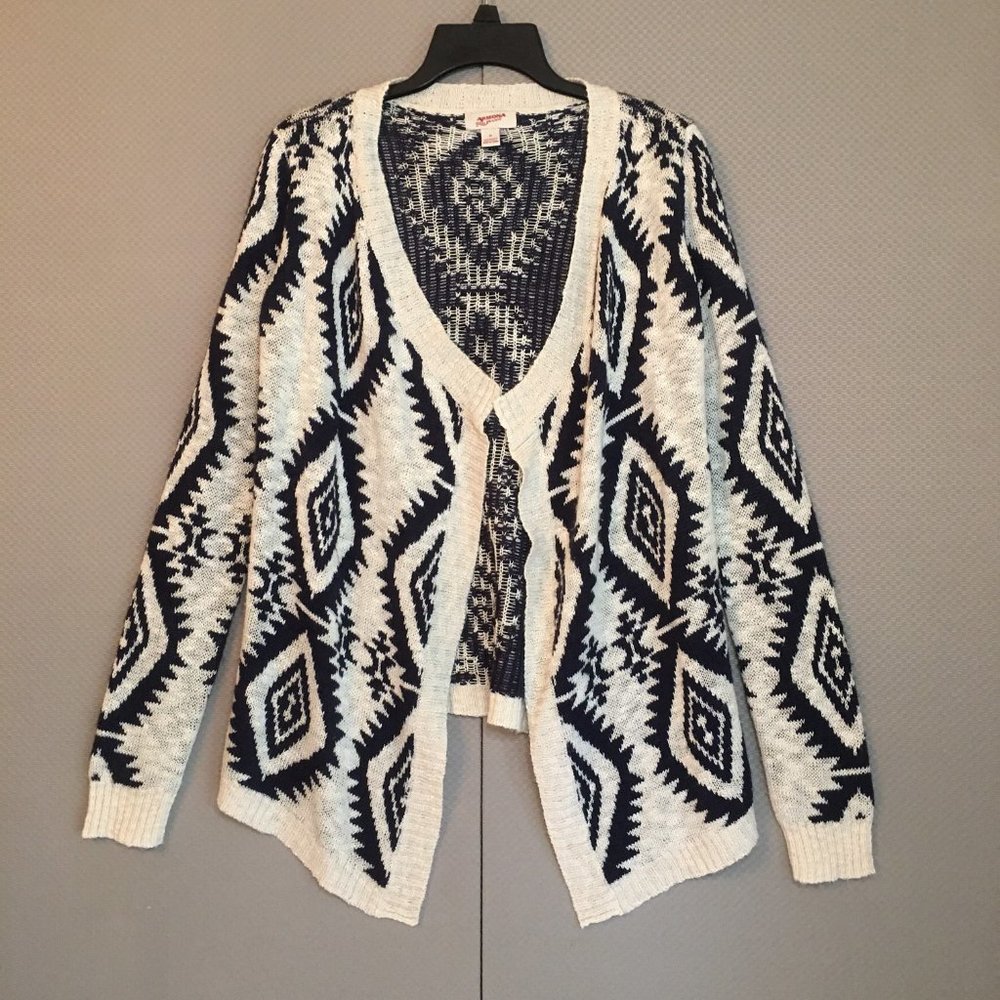 Arizona Jean Co Women Ivory/Blue Open Front Knit Cardigan Sweater Size Medium
